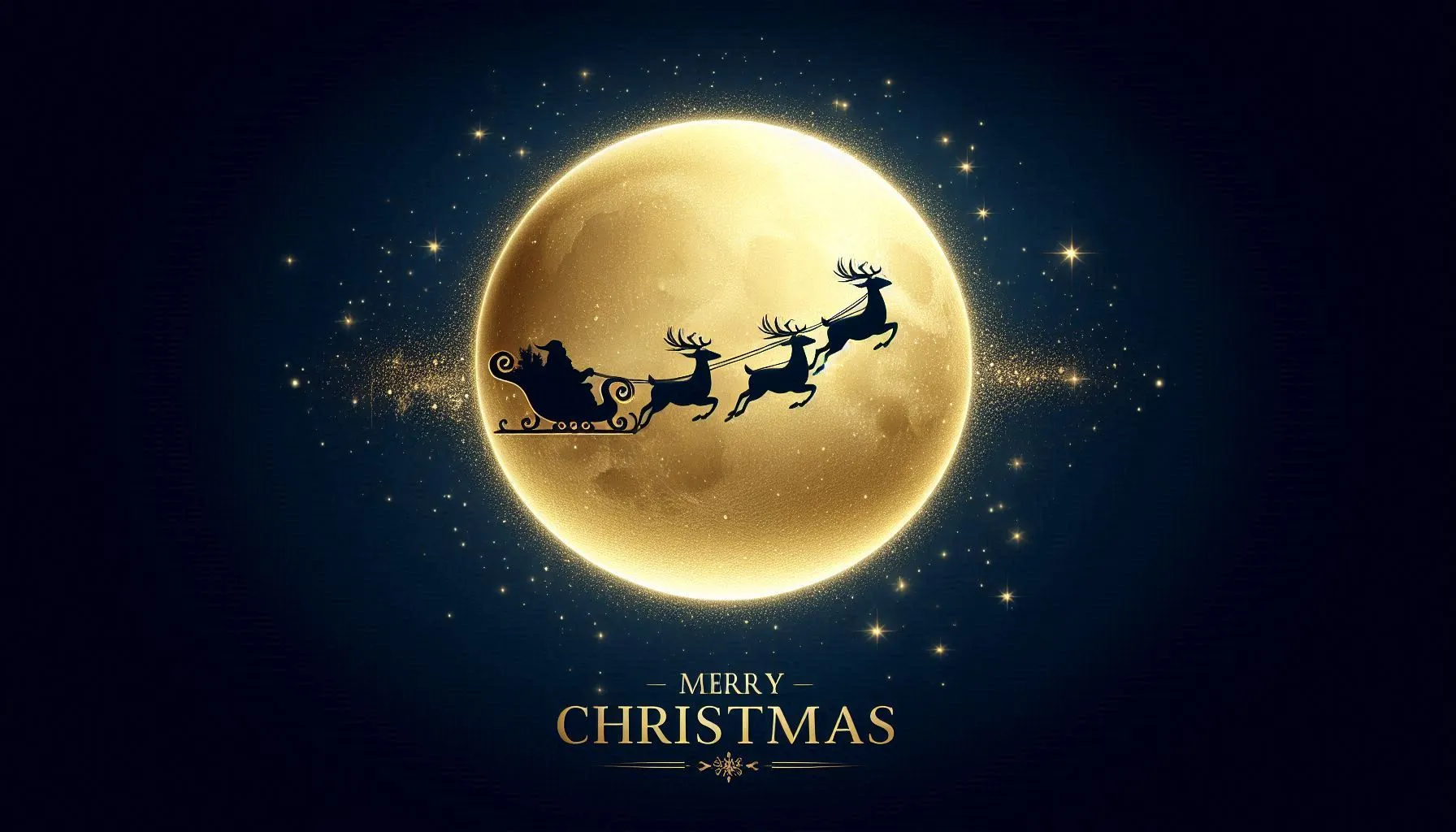 Dark silhouette of Santa’s sleigh and reindeer flying in front of glowing yellow moon