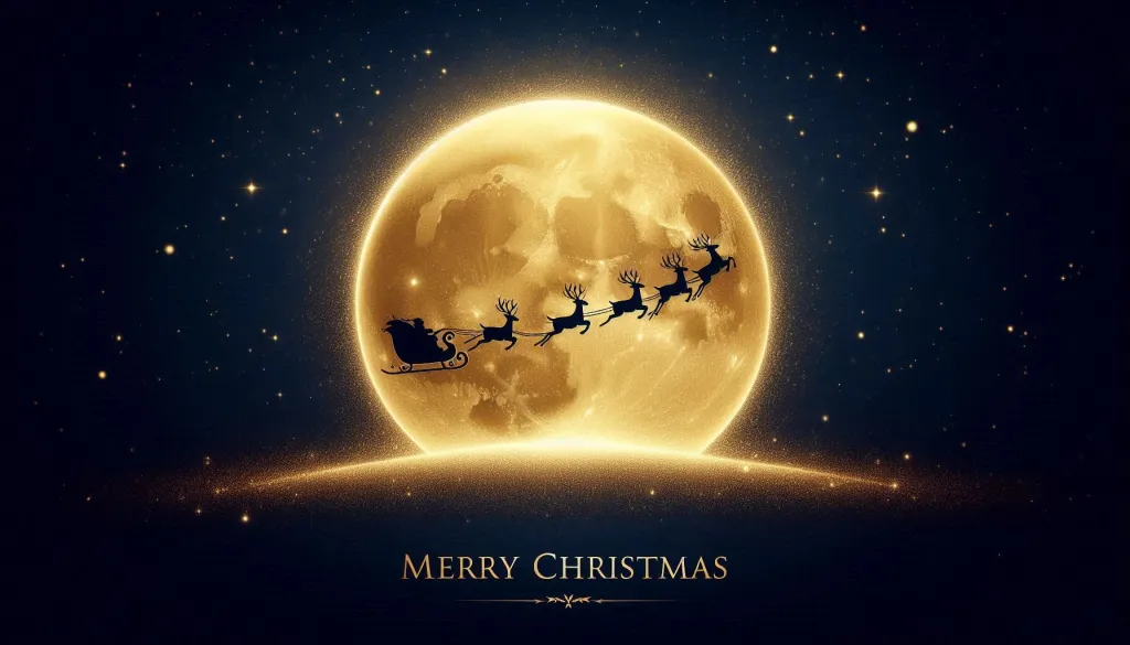 Santa Sleigh Silhouette over Golden Moon