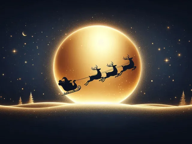 Silhouette of Santa flying across bright golden moon