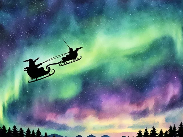 Silhouette of Santa in sleigh flying under colorful northern lights