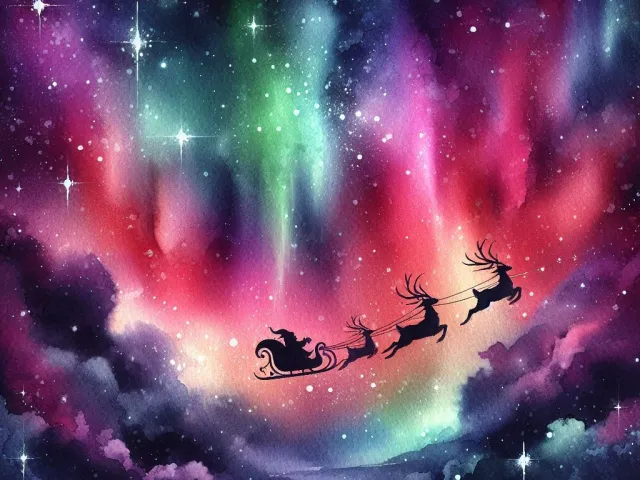 santa claus flying across snowy night sky with bright aurora borealis