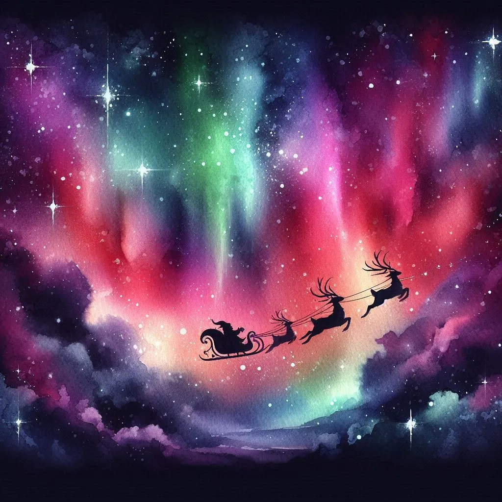Santa Sleigh Under Northern Lights Sky
