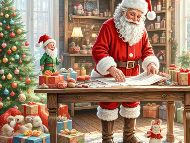 santa claus crafting toys in festive workshop with elves and decorations
