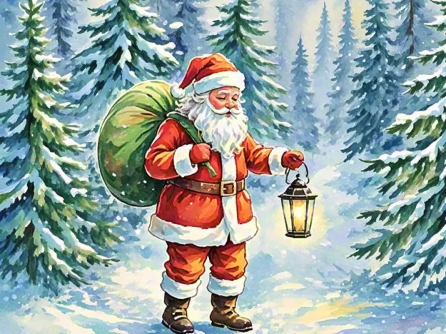 Santa Claus walking through snowy forest holding a warm lantern