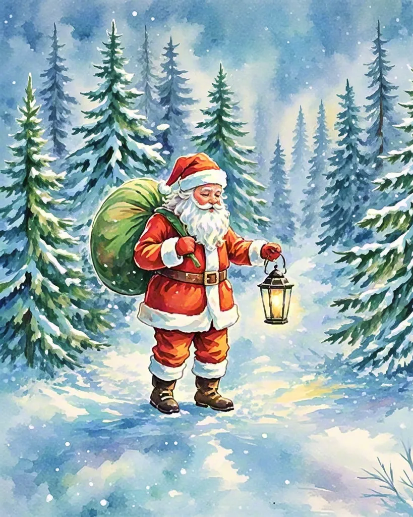 Santa walking with lantern — Christmas forest illustration