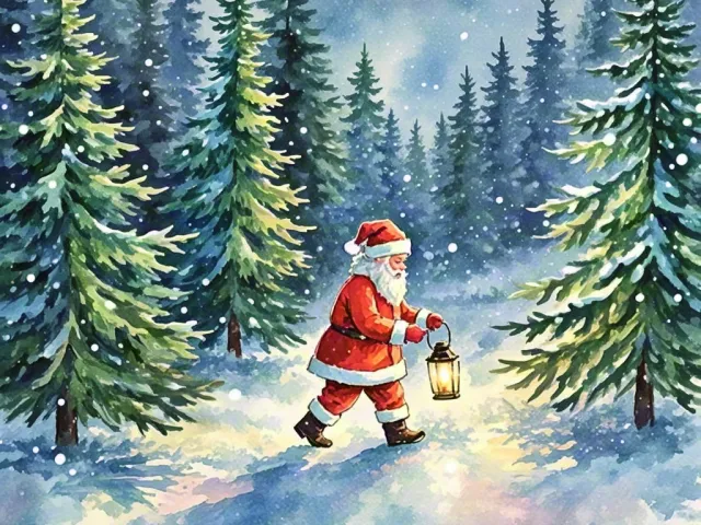 santa walking through deep snow surrounded by tall pine trees