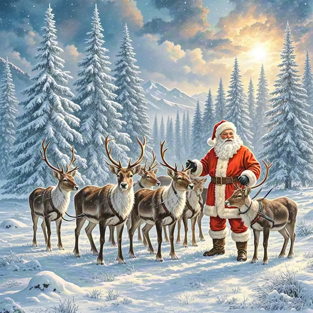 Santa with Reindeer in Snowy Forest