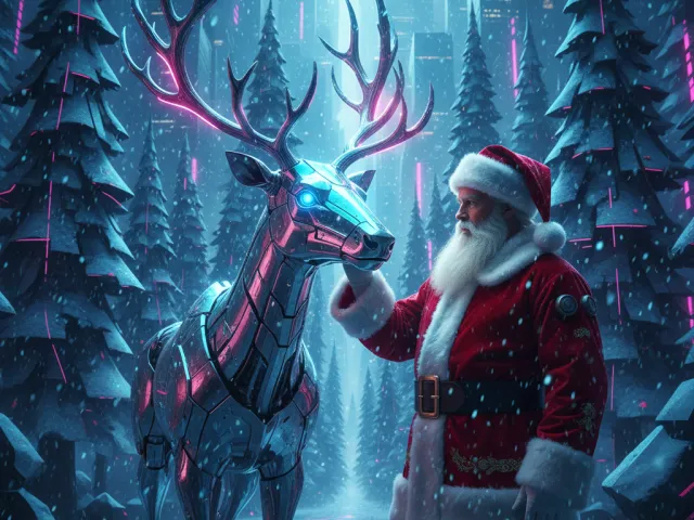 Santa Claus petting a glowing-antler reindeer in winter forest