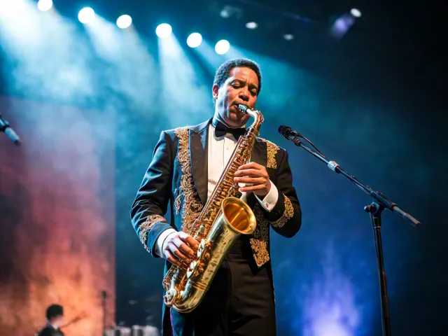 musician playing saxophone under concert lights