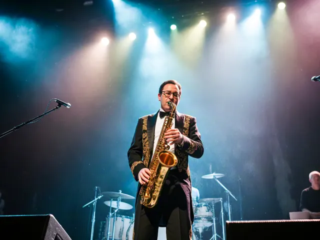 Musician playing saxsophone under stage lights