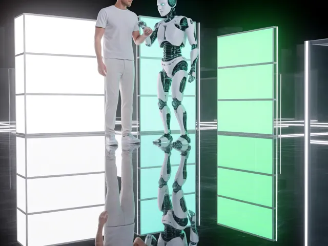 Human interacting with humanoid robot in lab