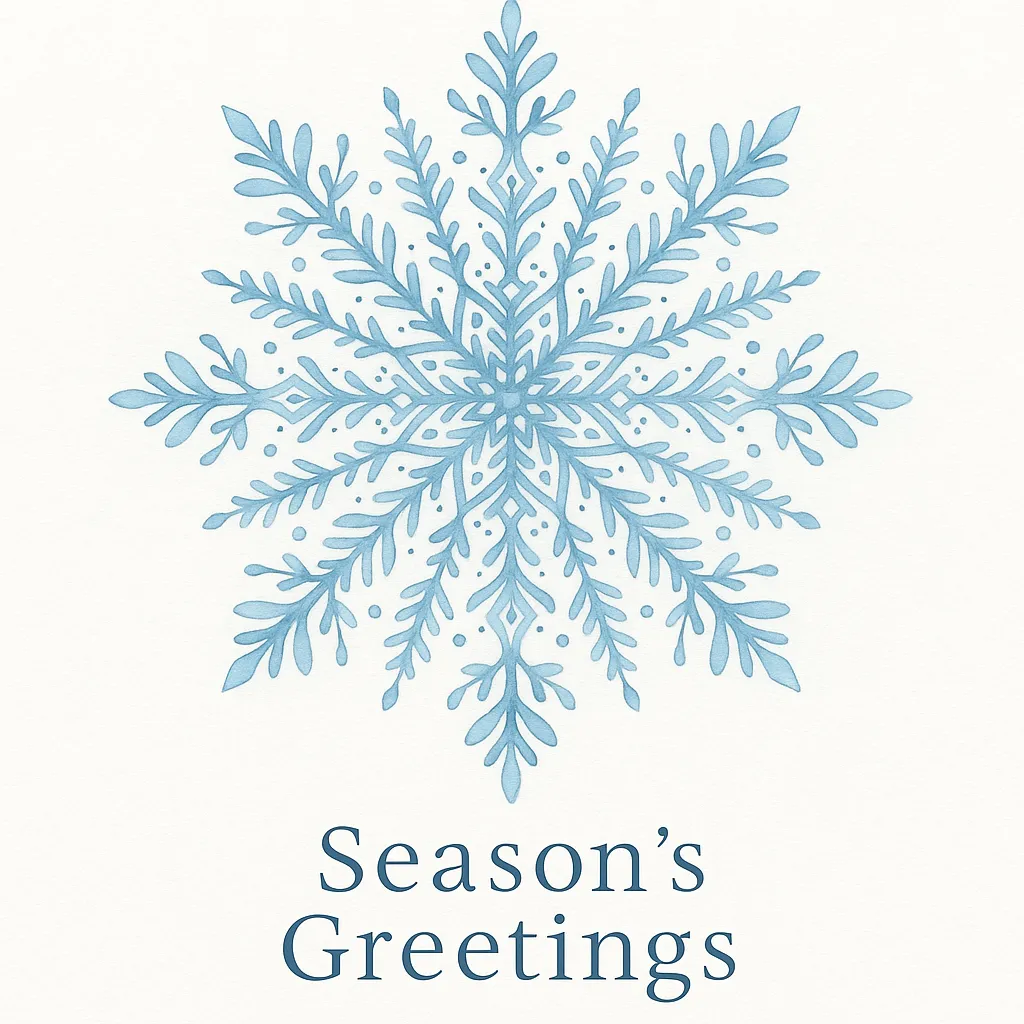 Season’s Greetings card with large blue snowflake