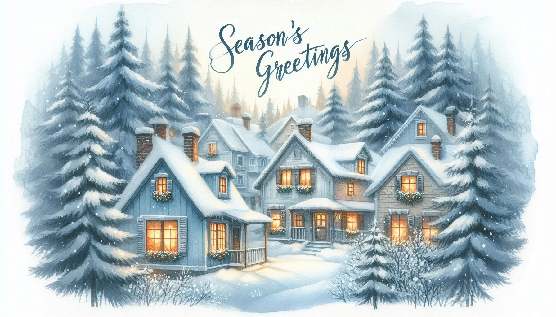 Cozy snowy houses and pine trees with Season’s Greetings text