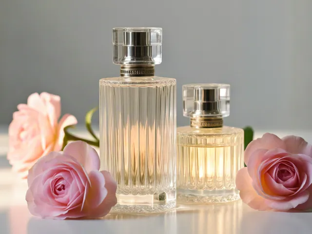 Three elegant fragrance bottles with soft pink roses in sunlight.