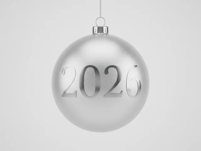 Minimalist silver Christmas bauble with engraved 2026 number