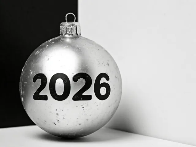 metallic silver christmas bauble with 2026 text on minimal black and white background