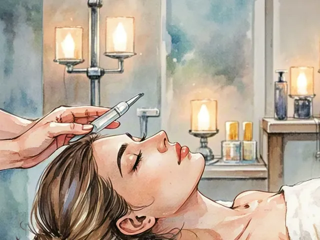 Skincare specialist applying product to a woman's face during spa treatment.