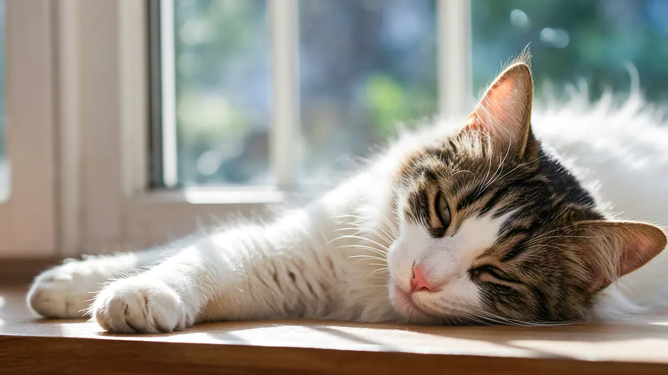 Cute domestic cat lying near window enjoying sunlight. Portrait
