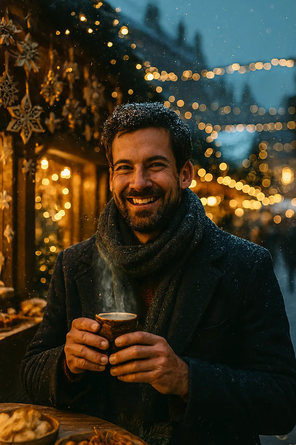 Young man in warm clothing holding a cup while standing in snowy festive street