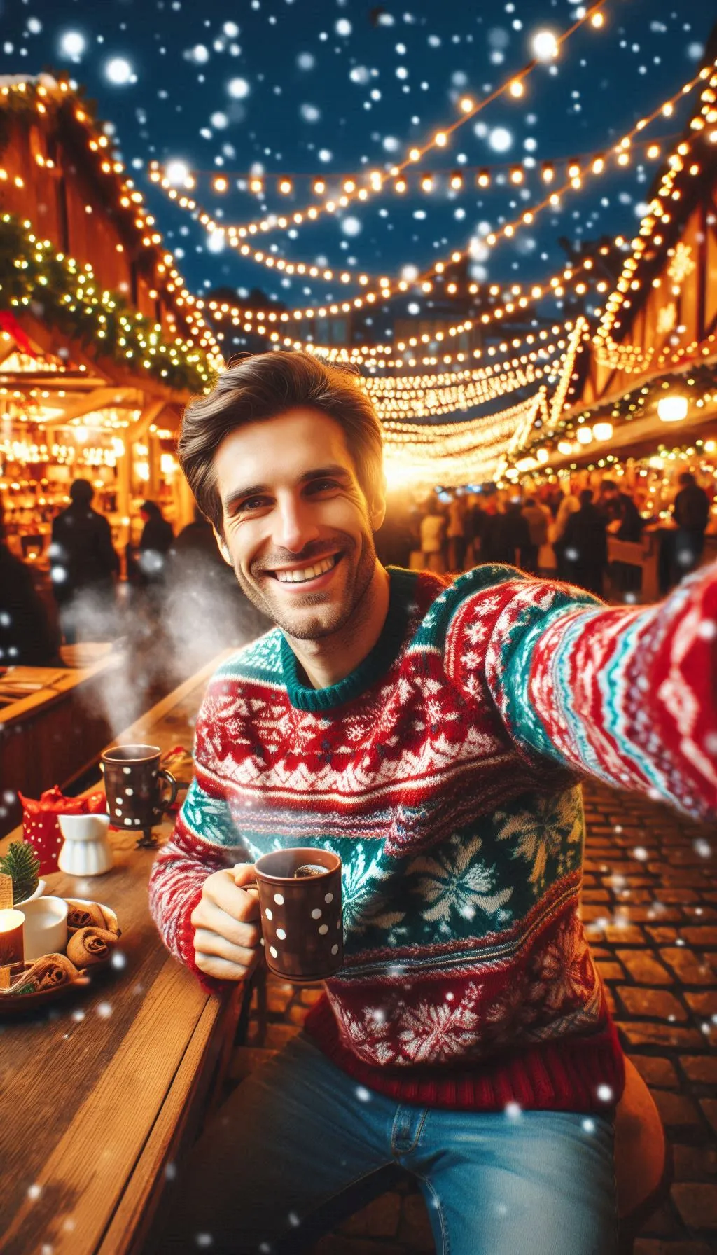 Young man in a colorful sweater smiling on a Christmas-lit outdoor street