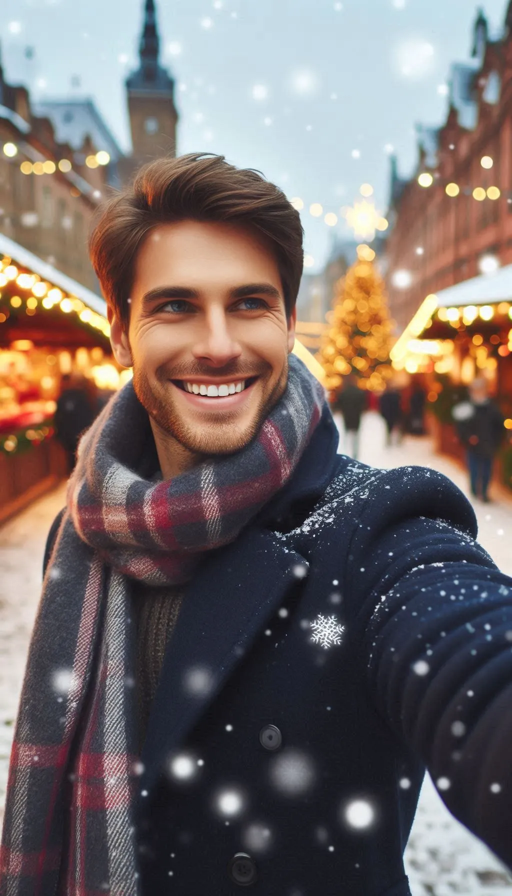 Man in winter scarf taking a selfie outside in snowy holiday cityscape