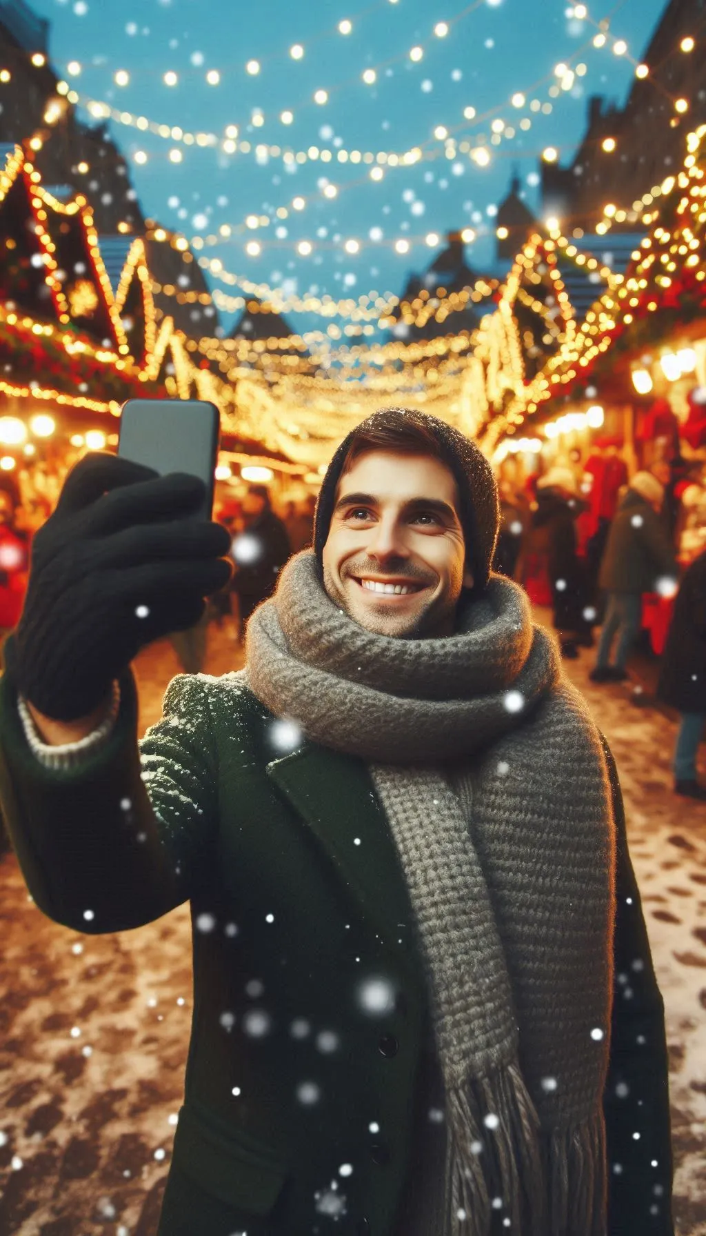 Young man in scarf taking a selfie on decorated snowy street