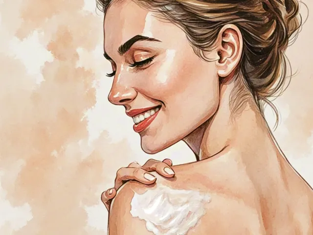 Young woman applying cream on her shoulder with a smile.