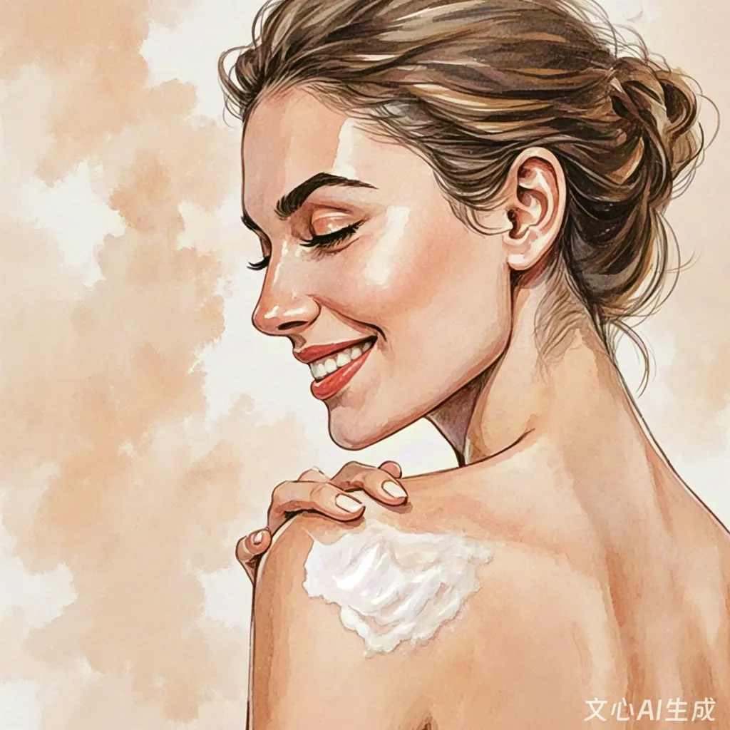 Smiling woman applying body lotion