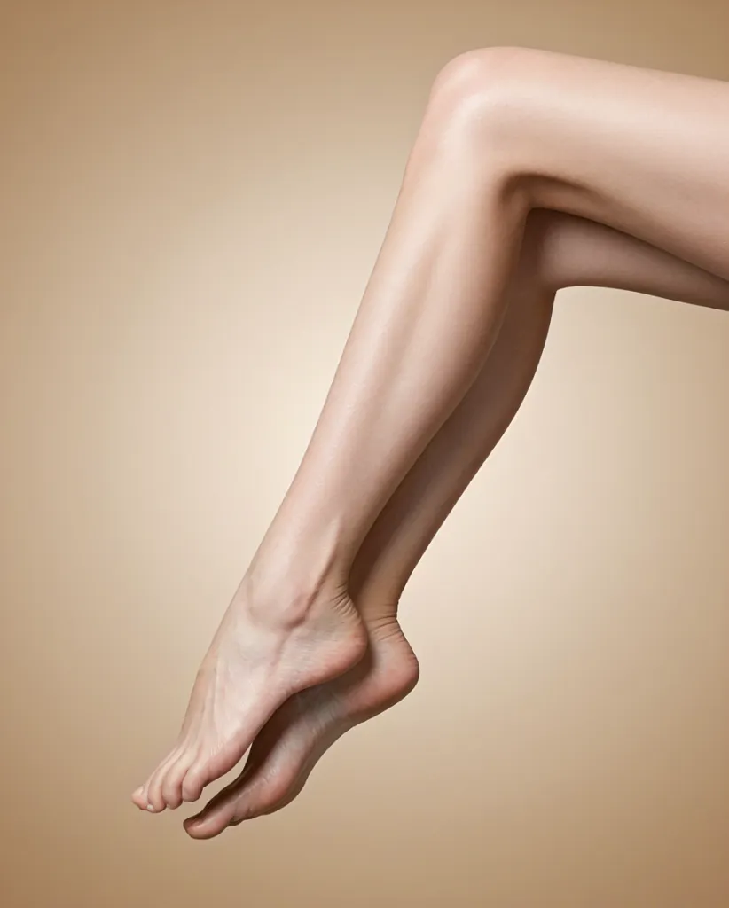 Smooth female legs on beige background