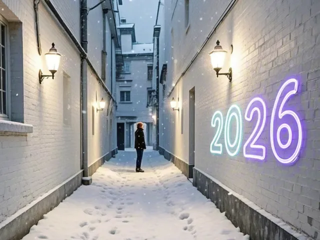 Narrow snowy street with glowing 2026 neon sign on wall