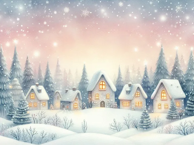 cozy winter village with glowing windows and snowy rooftops at sunset