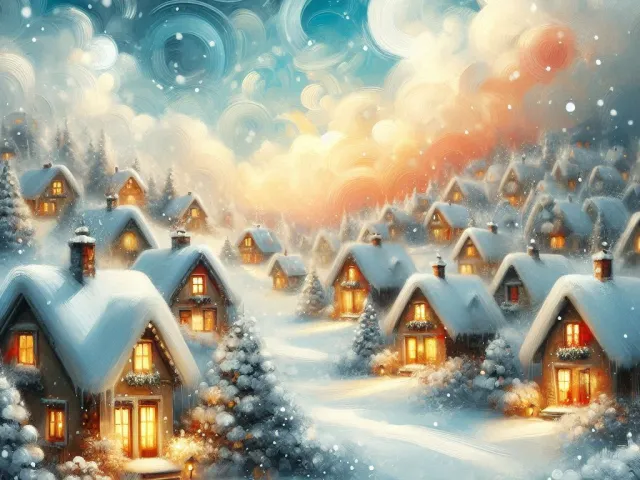 cozy winter village with glowing windows and snowy rooftops under night sky