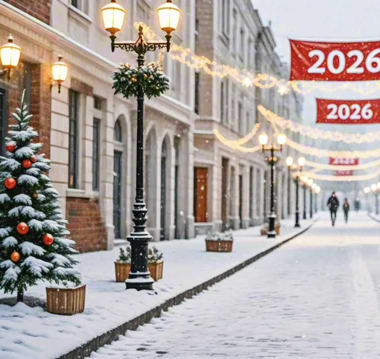 Snowy city street decorated with 2026 banners