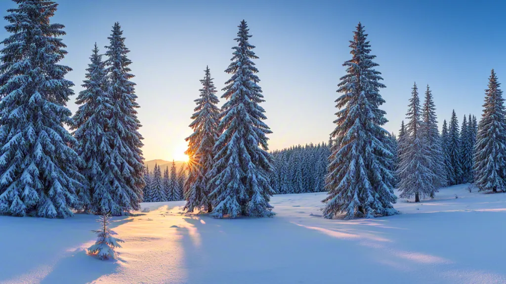 Snowy trees at sunrise
