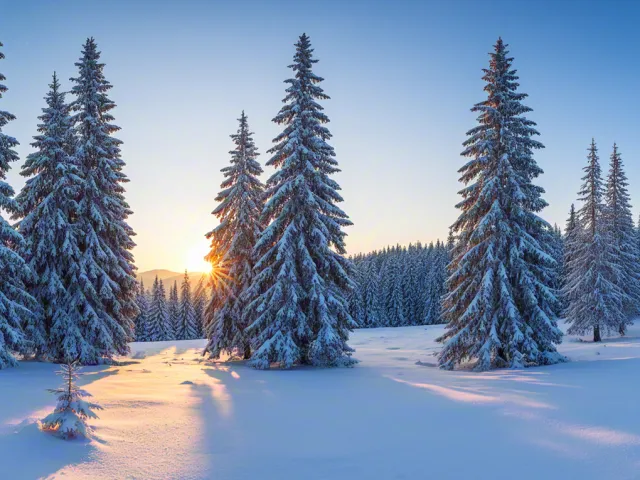 winter forest covered in snow during sunrise