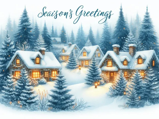 Cozy winter village with pine trees and snow, Season’s Greetings text