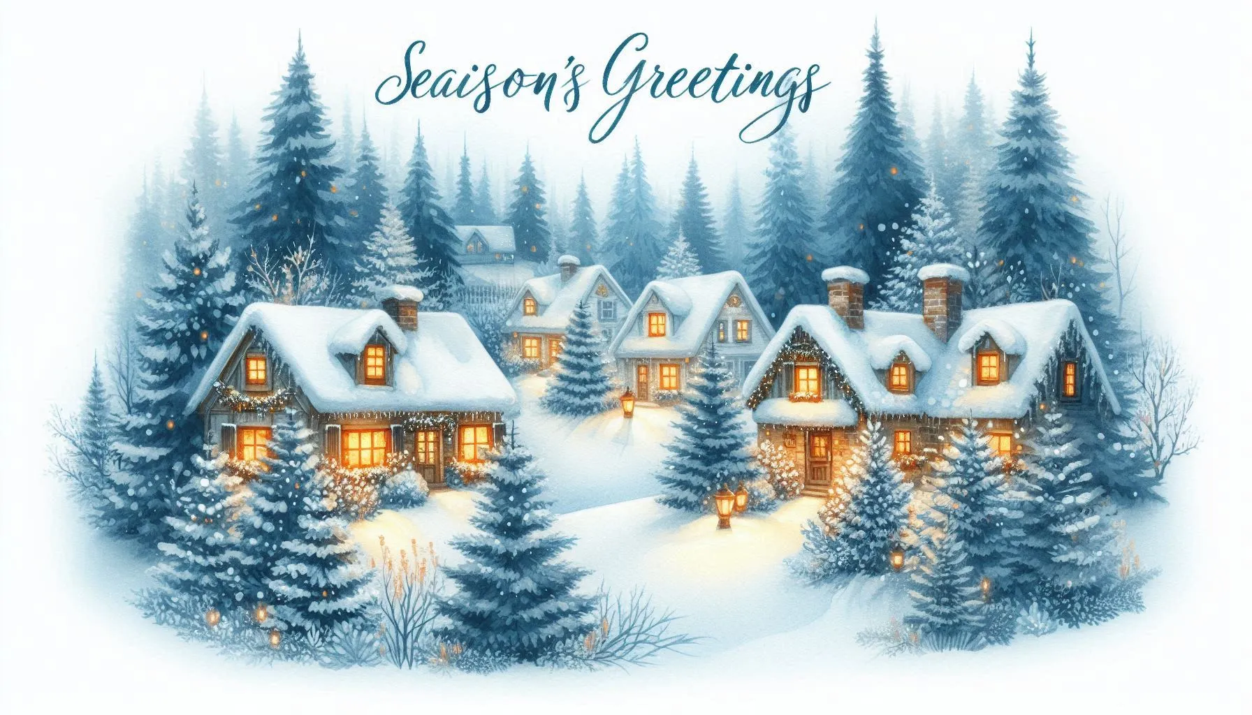 Cozy winter village with pine trees and snow, Season’s Greetings text