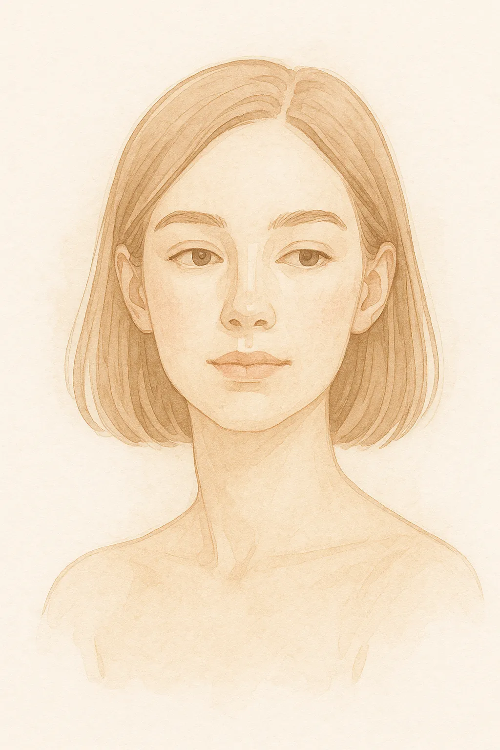 Minimal, soft-tone portrait of a young woman with neutral expression.