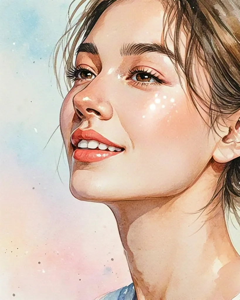 Soft watercolor portrait of smiling young woman