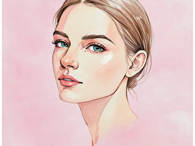 Elegant side-view portrait of a woman painted in watercolor with blush tones