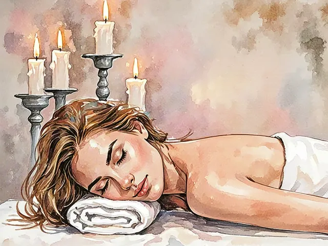 Relaxed woman lying on a towel during massage surrounded by candles.