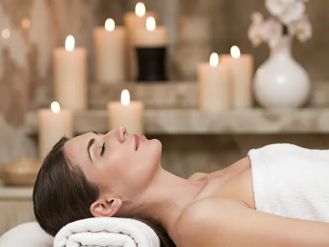 Woman enjoying relaxing spa massage with candles