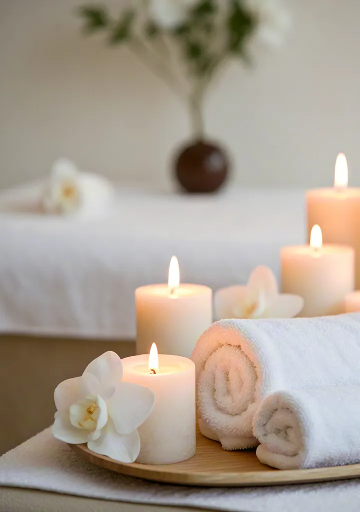 Spa room with rolled white towels and candles