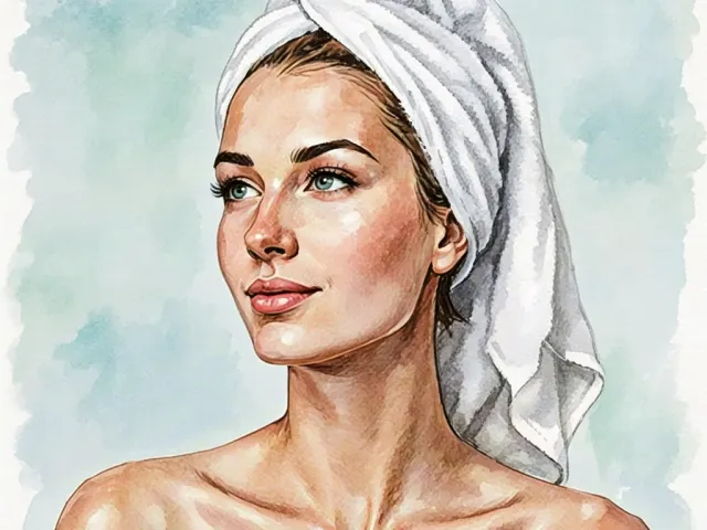 Elegant portrait of a woman with towel on her head in soft lighting.