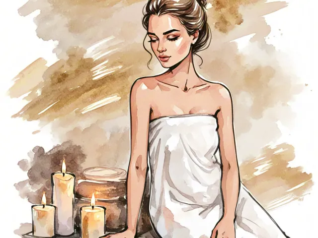 Relaxing spa portrait of a woman in towel near burning candles.