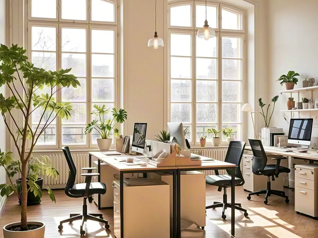 Spacious modern office with large windows and greenery