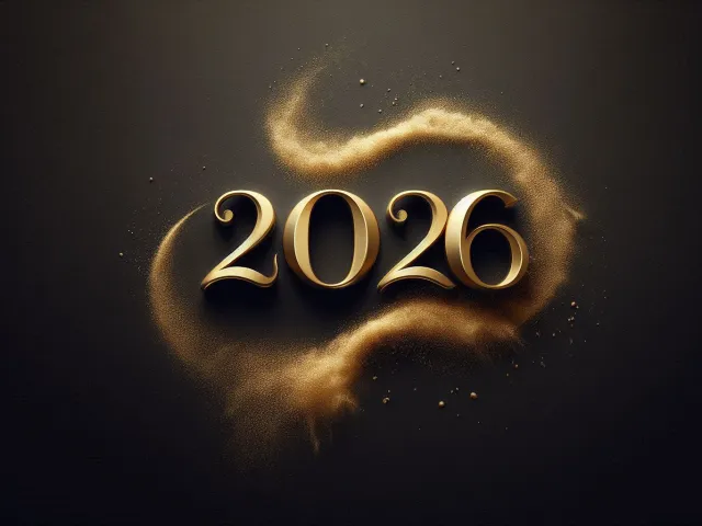 Glowing golden 2026 typography with glitter and dark background