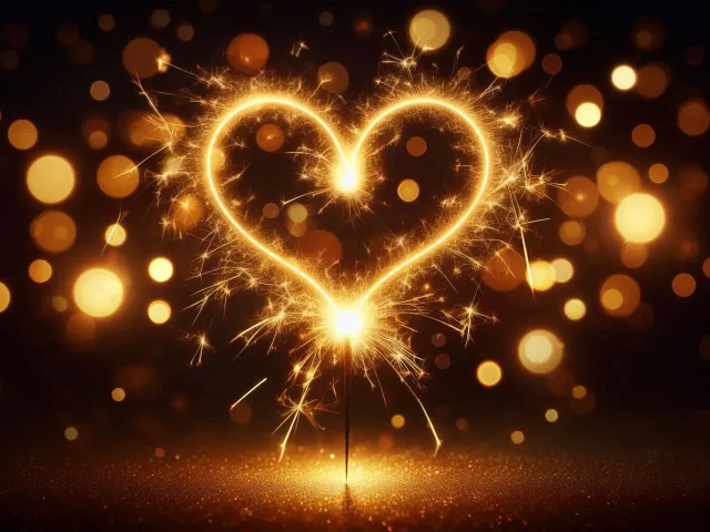Glowing heart made from golden festive lights on dark background