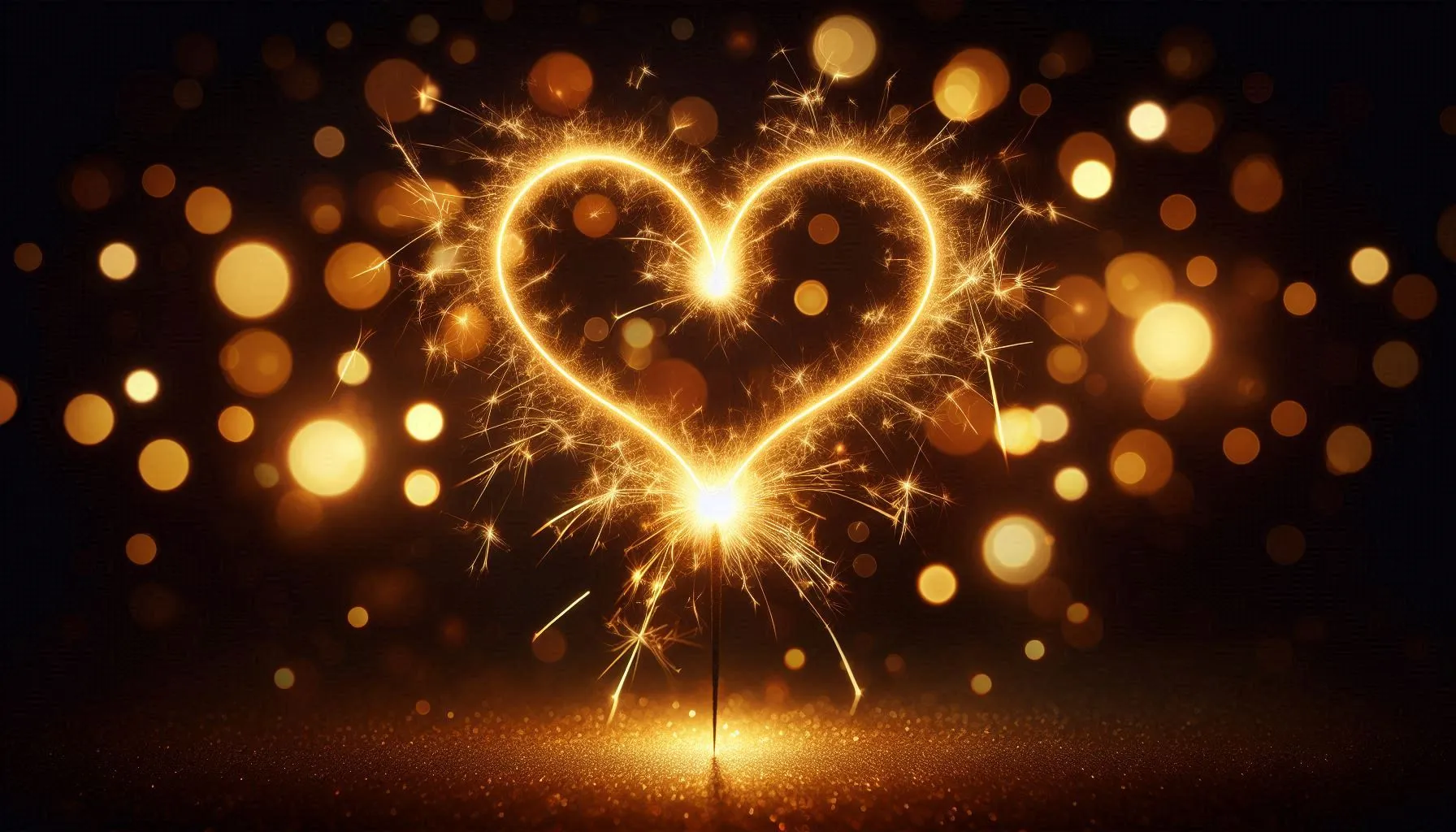 Glowing heart made from golden festive lights on dark background