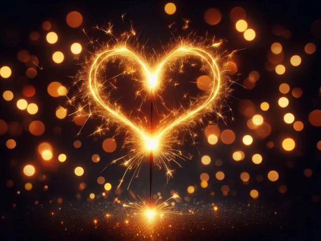 Glowing golden heart formed from festive lights on dark background